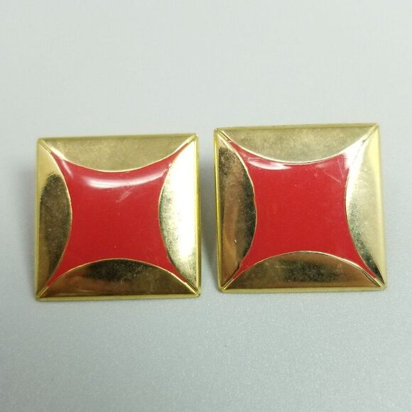 Vintage Red Enamel and Gold Tone Square Stud Earrings, Retro 80s Style - Picture 6 of 6